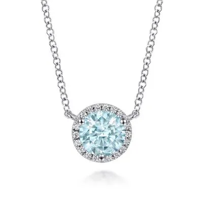 14K White Gold 0.07ctw Diamond and 0.73ctw Aquamarine Necklace
