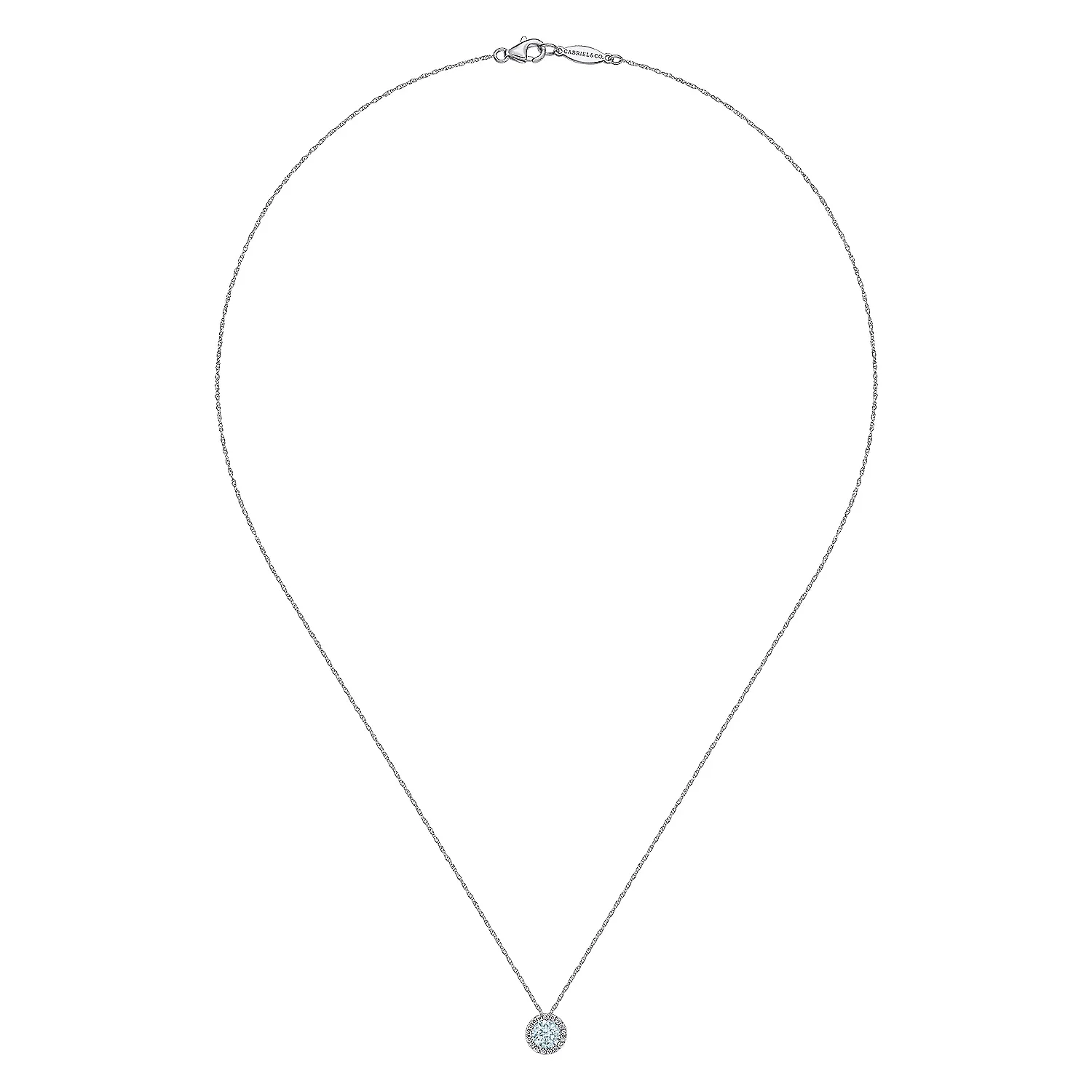 14k White Gold Diamond Halo Aquamarine Pendant Necklace