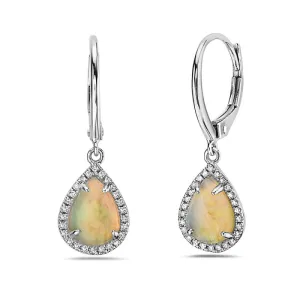 14K White Gold Pear Shape Opal And Diamond Earring