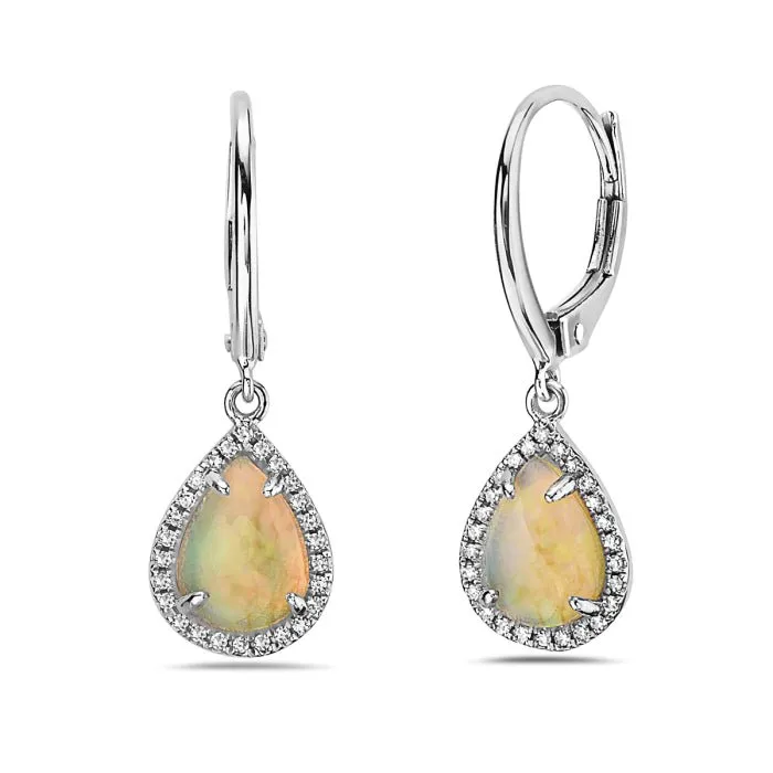14K White Gold Pear Shape Opal And Diamond Earring