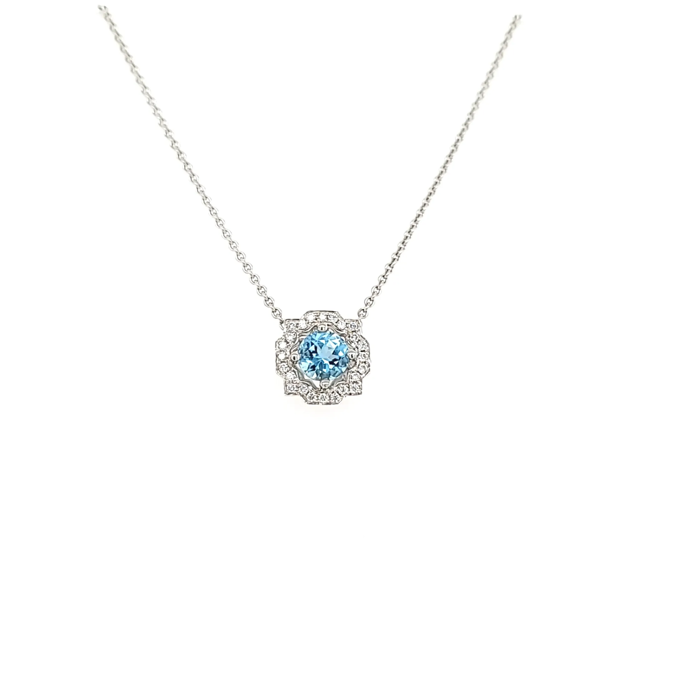 18k White Gold Aquamarine Halo Necklace (I3915)