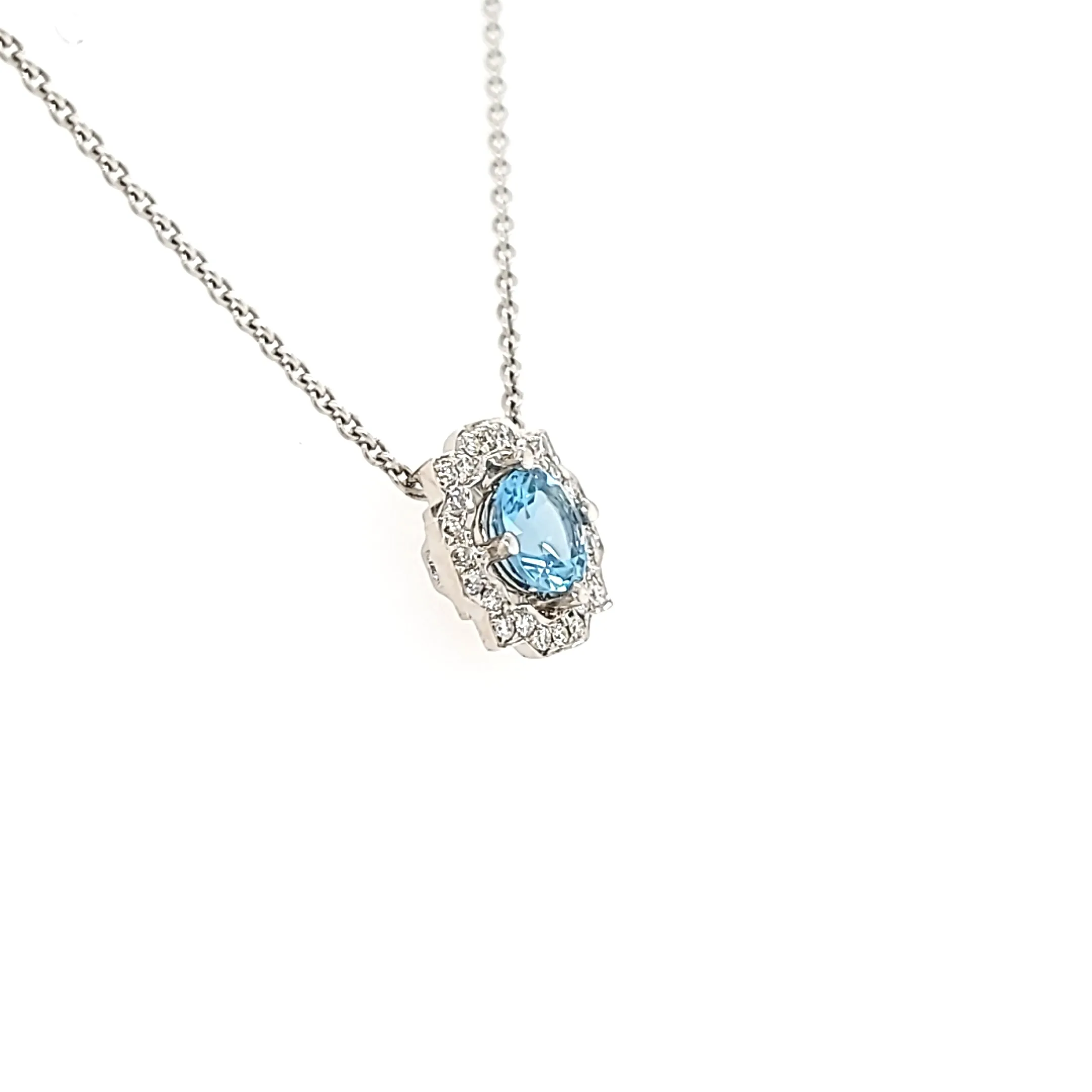 18k White Gold Aquamarine Halo Necklace (I3915)
