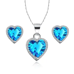 18k White Gold Plated Heart 3 Carat Created Aquamarine Full Set Necklace 18 inch
