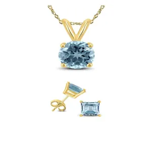 18K Yellow Gold 3ct Aquamarine Round 18 Inch Necklace and Square Earrings Set Plated