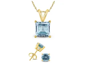18K Yellow Gold 3ct Aquamarine Square 18 Inch Necklace and Round Earrings Set Plated