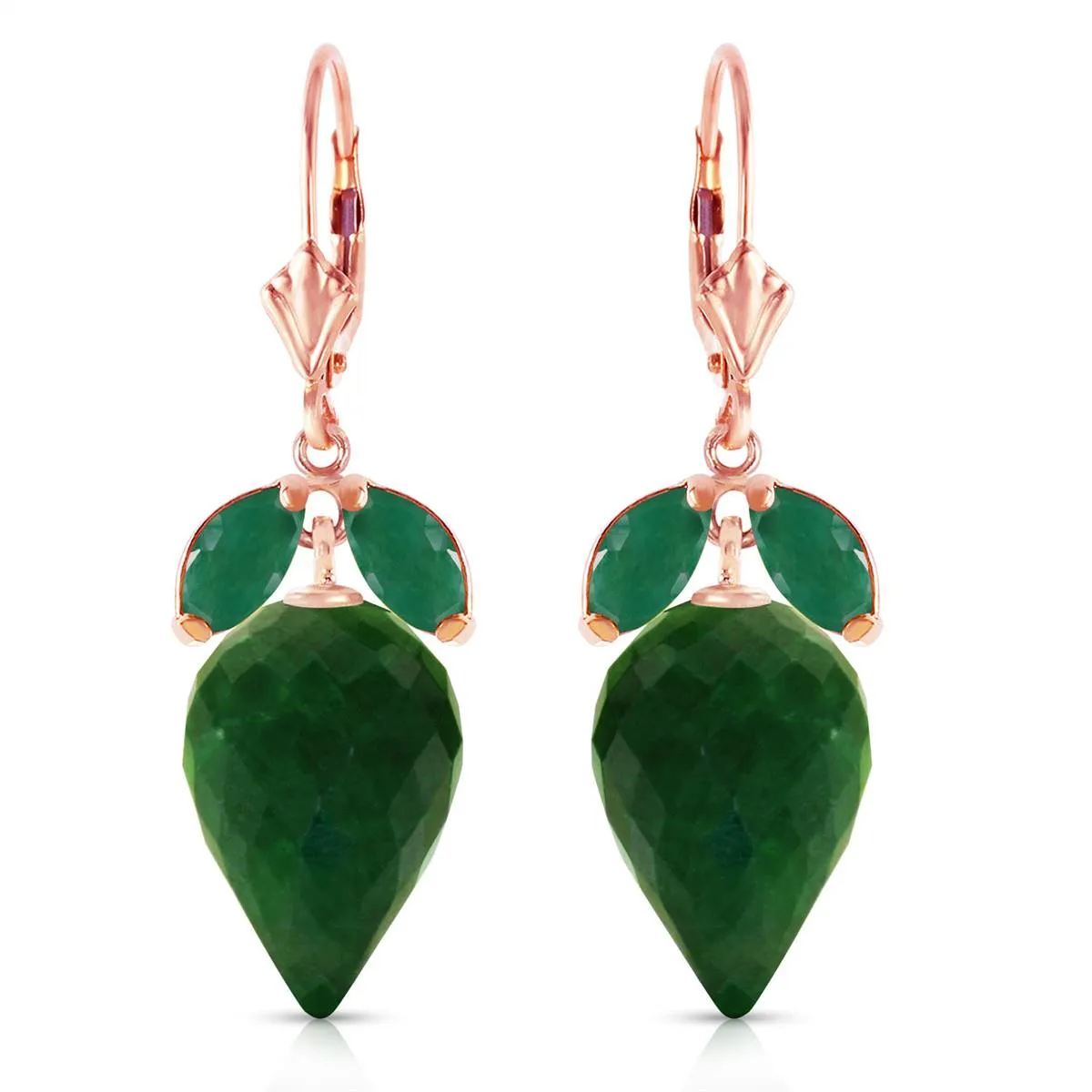 26.8 Carat 14K Solid Rose Gold Earrings Pointy Briolette Emerald