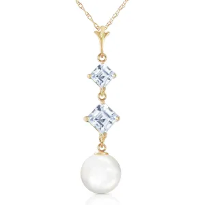 3.25 Carat 14K Solid Yellow Gold Mockingbird Aquamarine Pearl Necklace