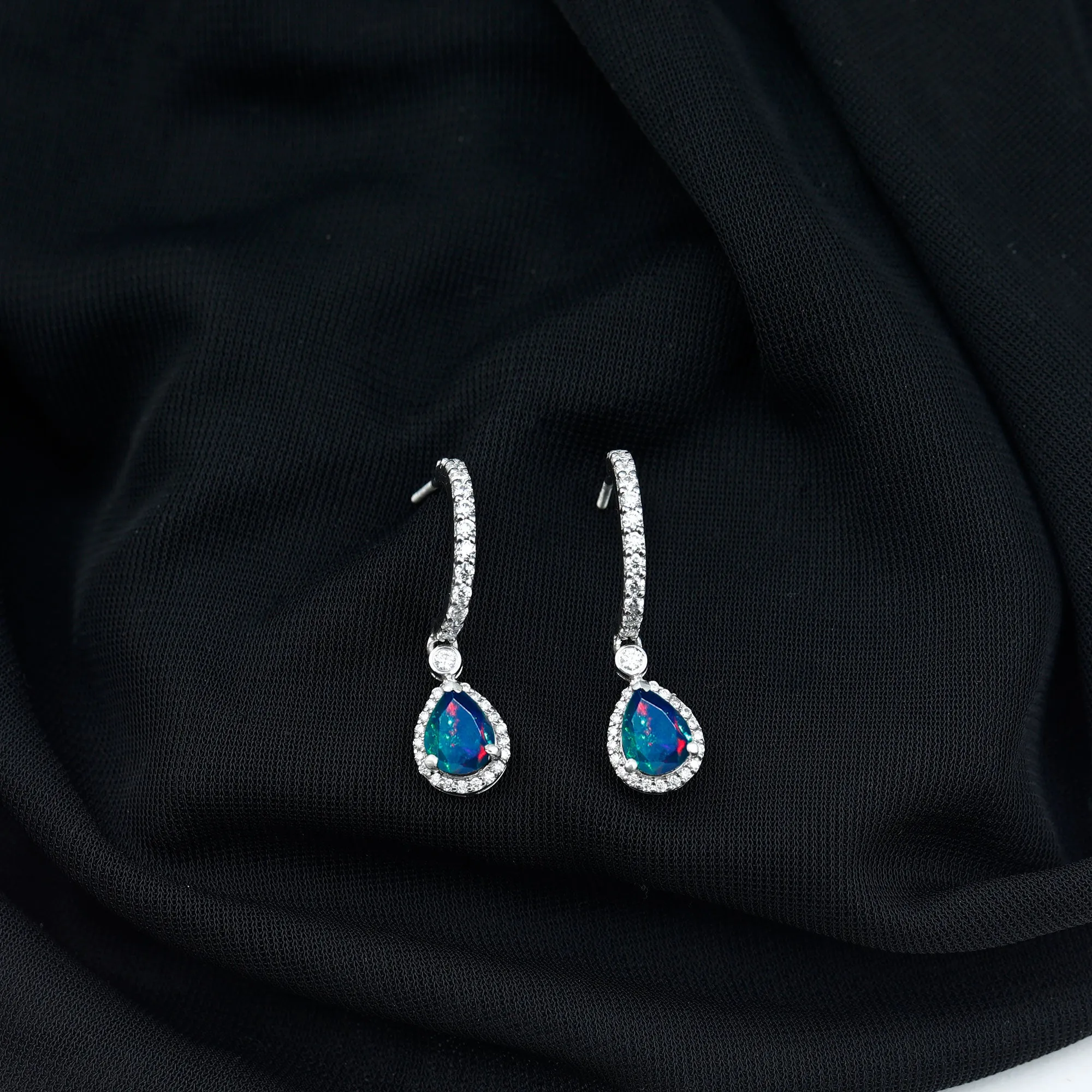 3.25 CT Classic Black Opal and Moissanite Hoop Drop Earrings