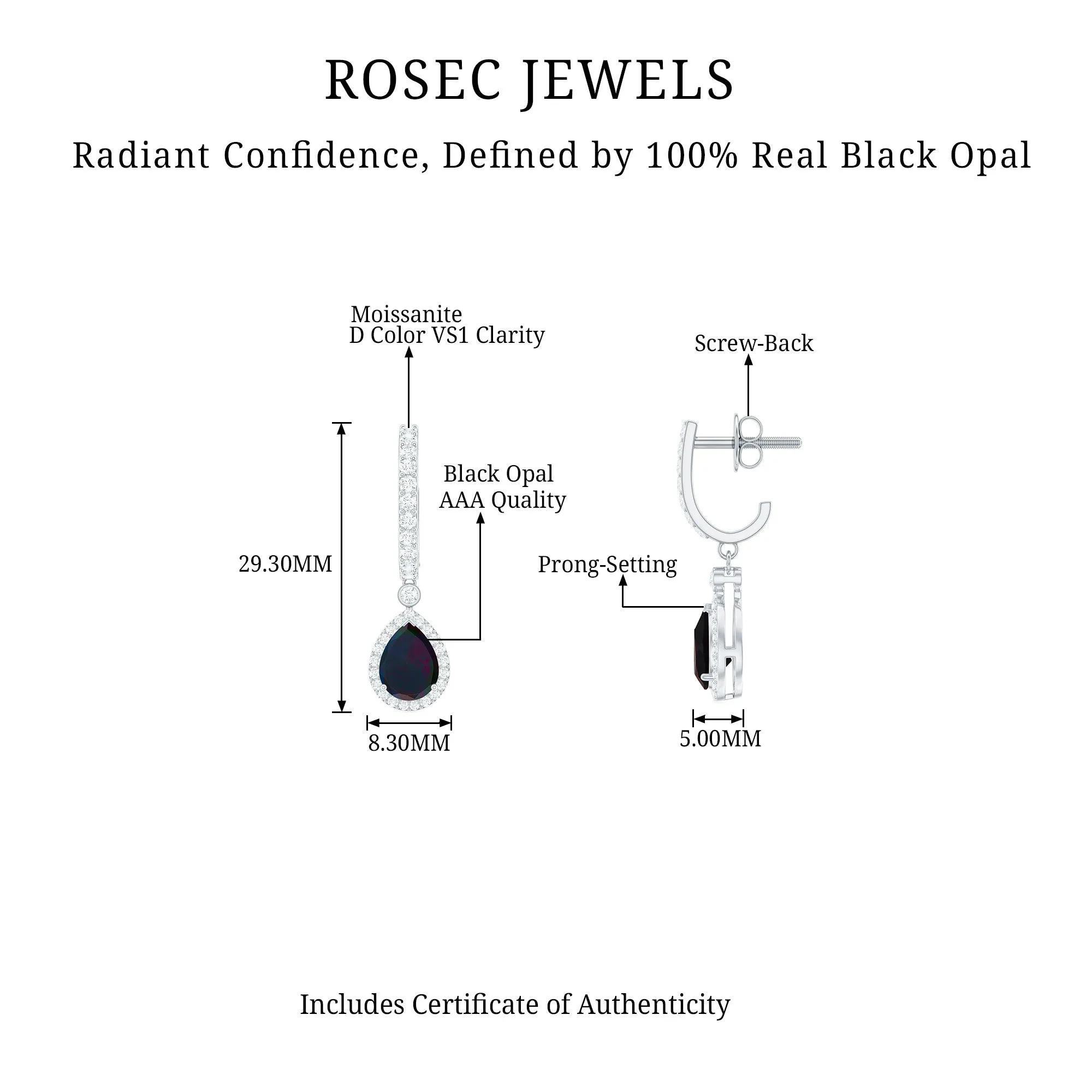 3.25 CT Classic Black Opal and Moissanite Hoop Drop Earrings