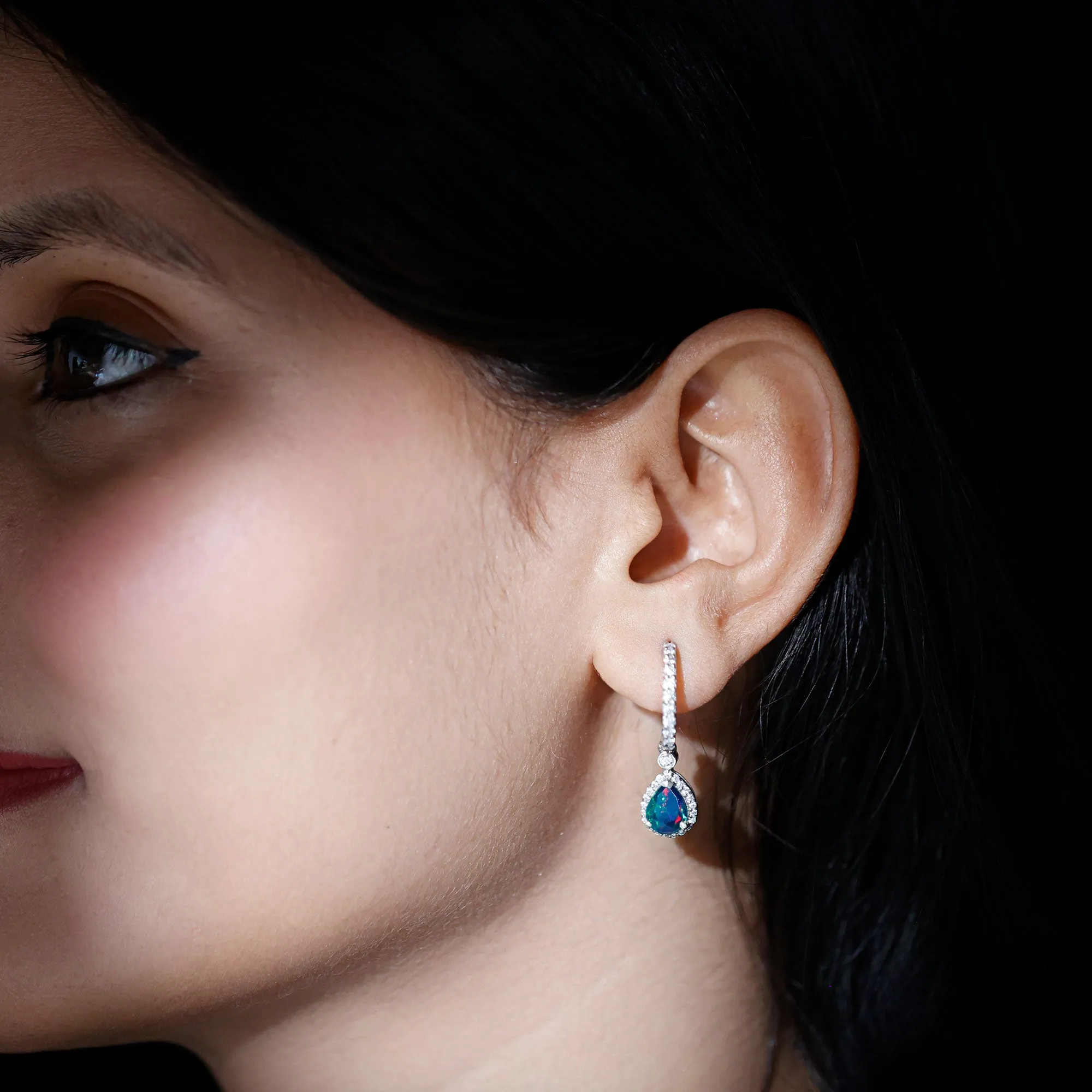 3.25 CT Classic Black Opal and Moissanite Hoop Drop Earrings