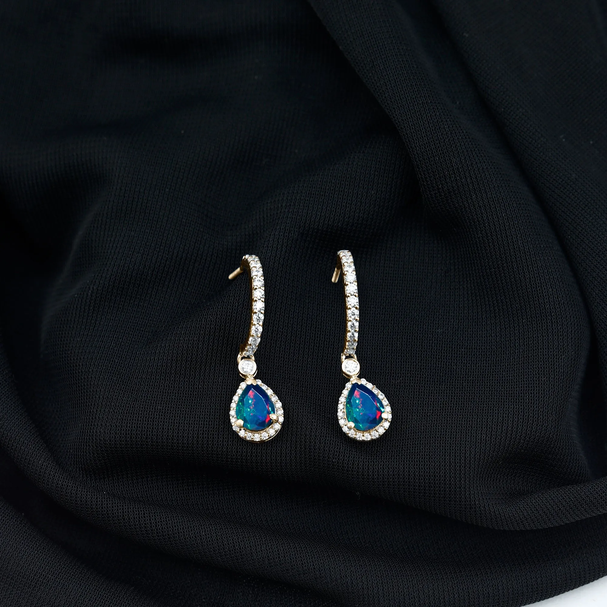 3.25 CT Classic Black Opal and Moissanite Hoop Drop Earrings