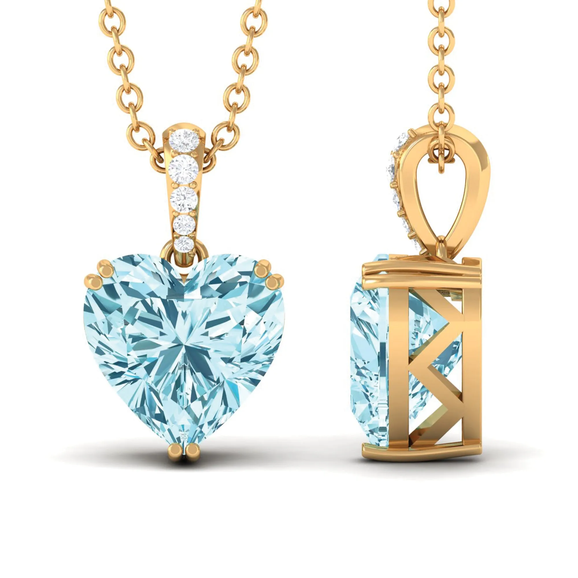 8X8 MM Heart Shape Aquamarine Pendant in Double Prong Setting with Diamond Accent Bail