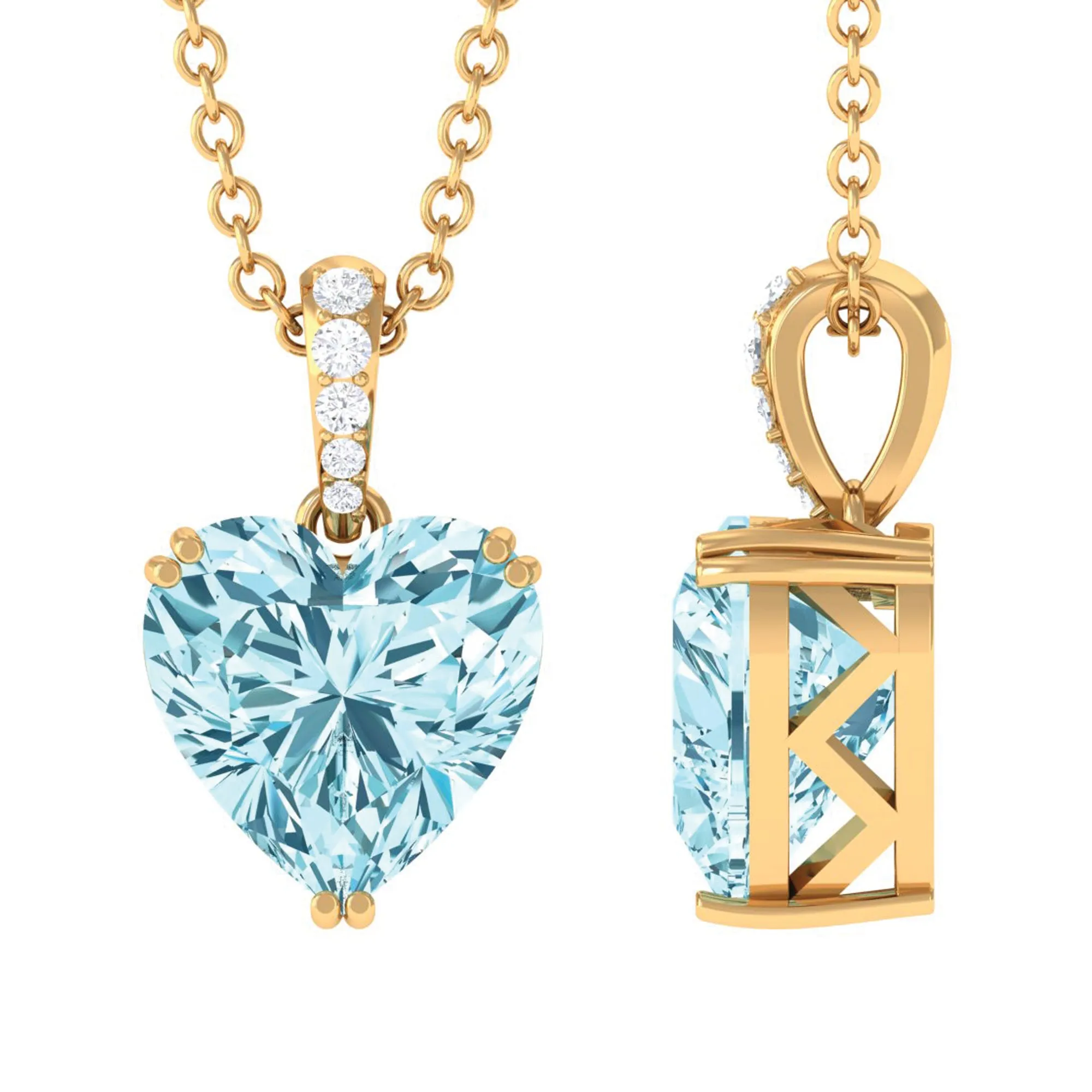 8X8 MM Heart Shape Aquamarine Pendant in Double Prong Setting with Diamond Accent Bail