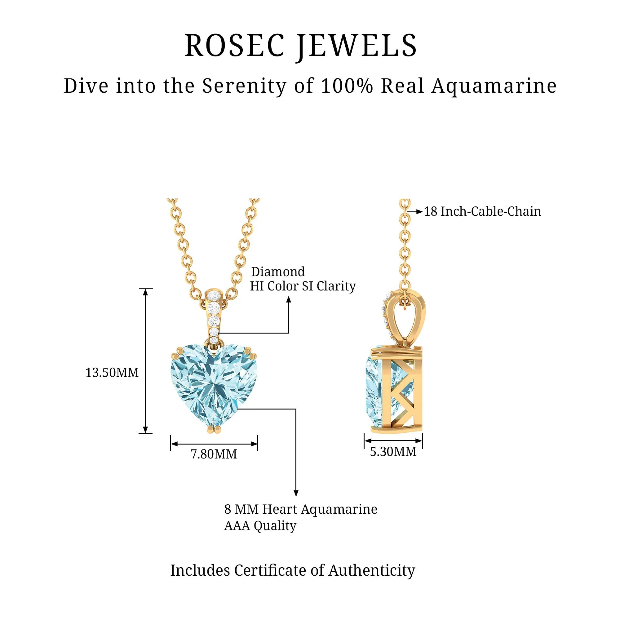 8X8 MM Heart Shape Aquamarine Pendant in Double Prong Setting with Diamond Accent Bail