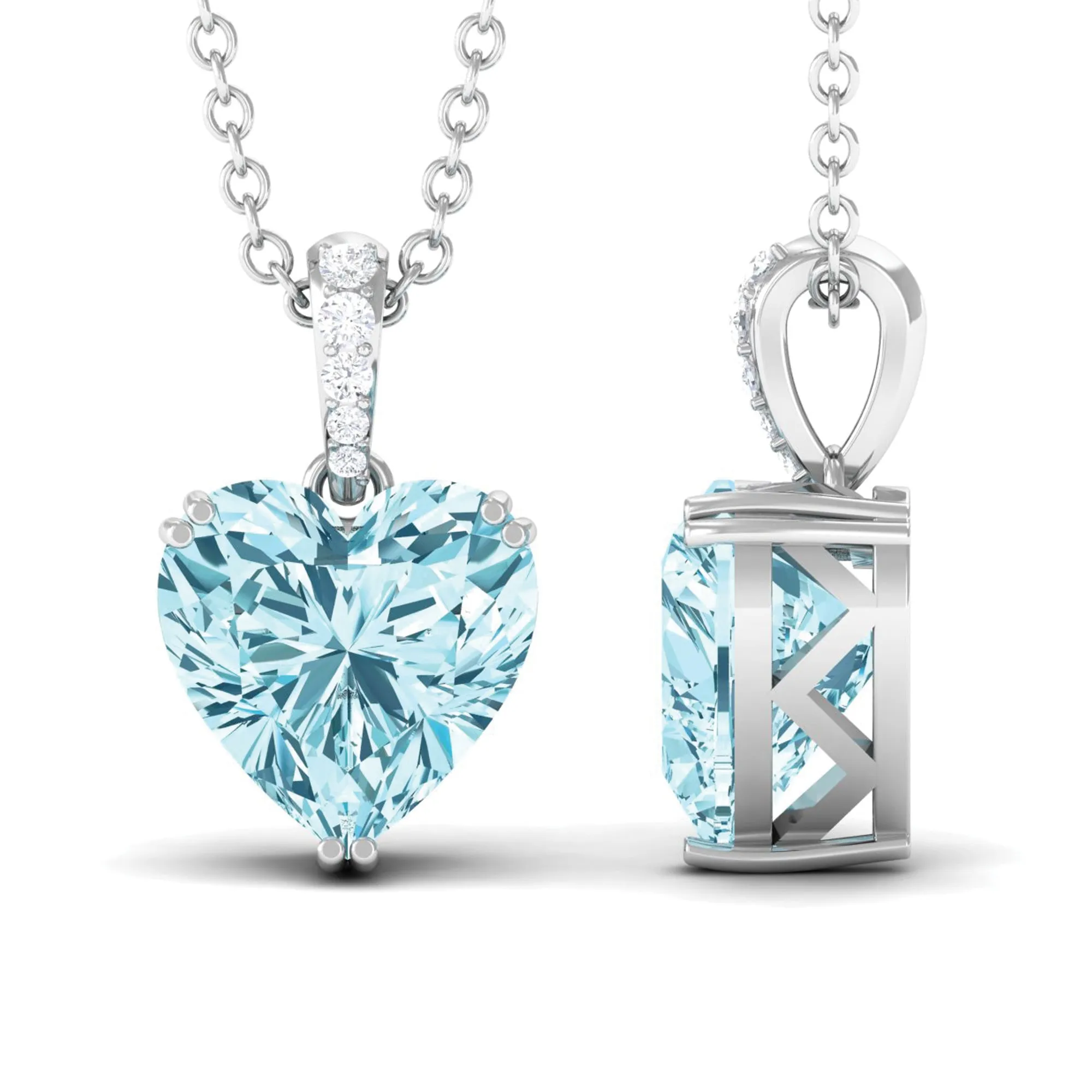 8X8 MM Heart Shape Aquamarine Pendant in Double Prong Setting with Diamond Accent Bail