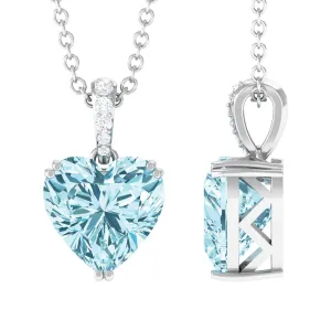 8X8 MM Heart Shape Aquamarine Pendant in Double Prong Setting with Diamond Accent Bail