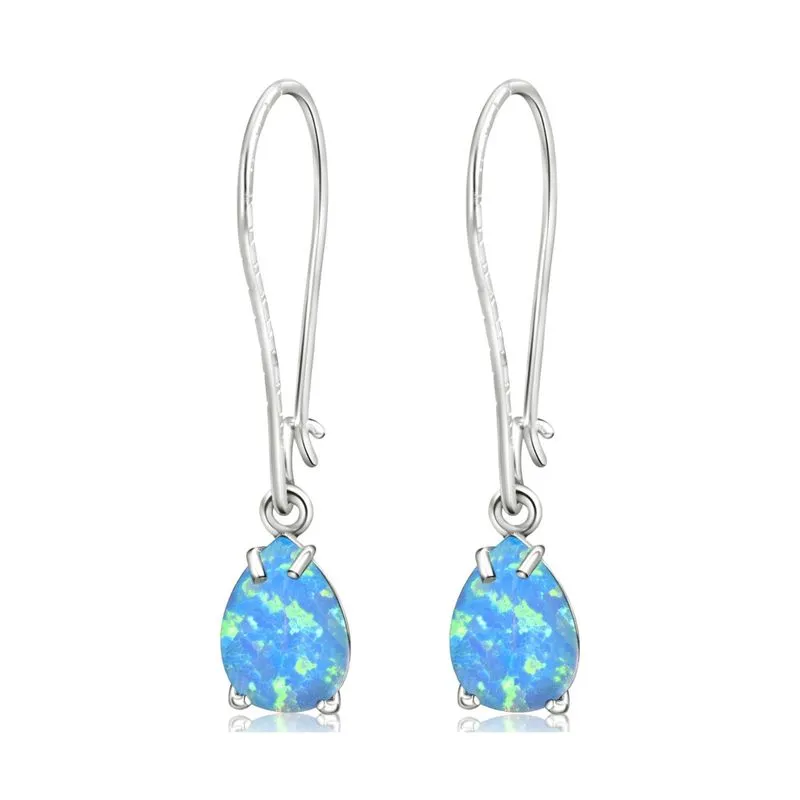 925 Silver Blue Opal Drop Earrings - October Birthstone, 7X10mm Vintage Gift
