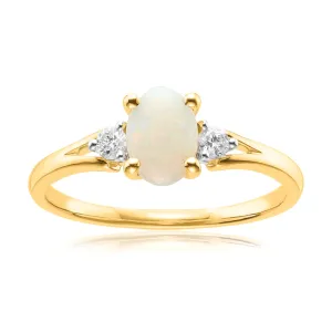 9ct Yellow Gold Oval Cut 7x5mm Opal & 0.10 Carat tw of Diamonds Ring