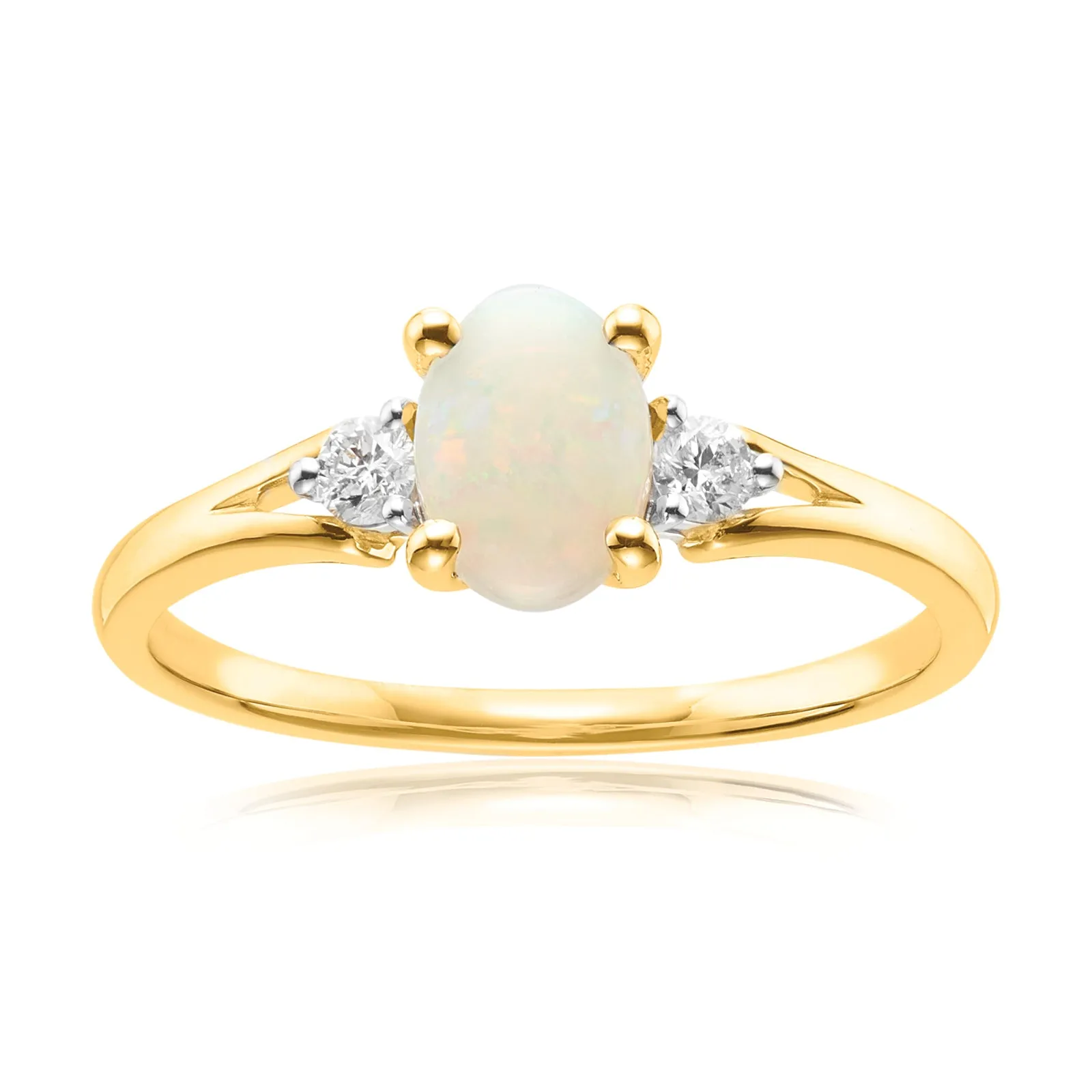 9ct Yellow Gold Oval Cut 7x5mm Opal & 0.10 Carat tw of Diamonds Ring