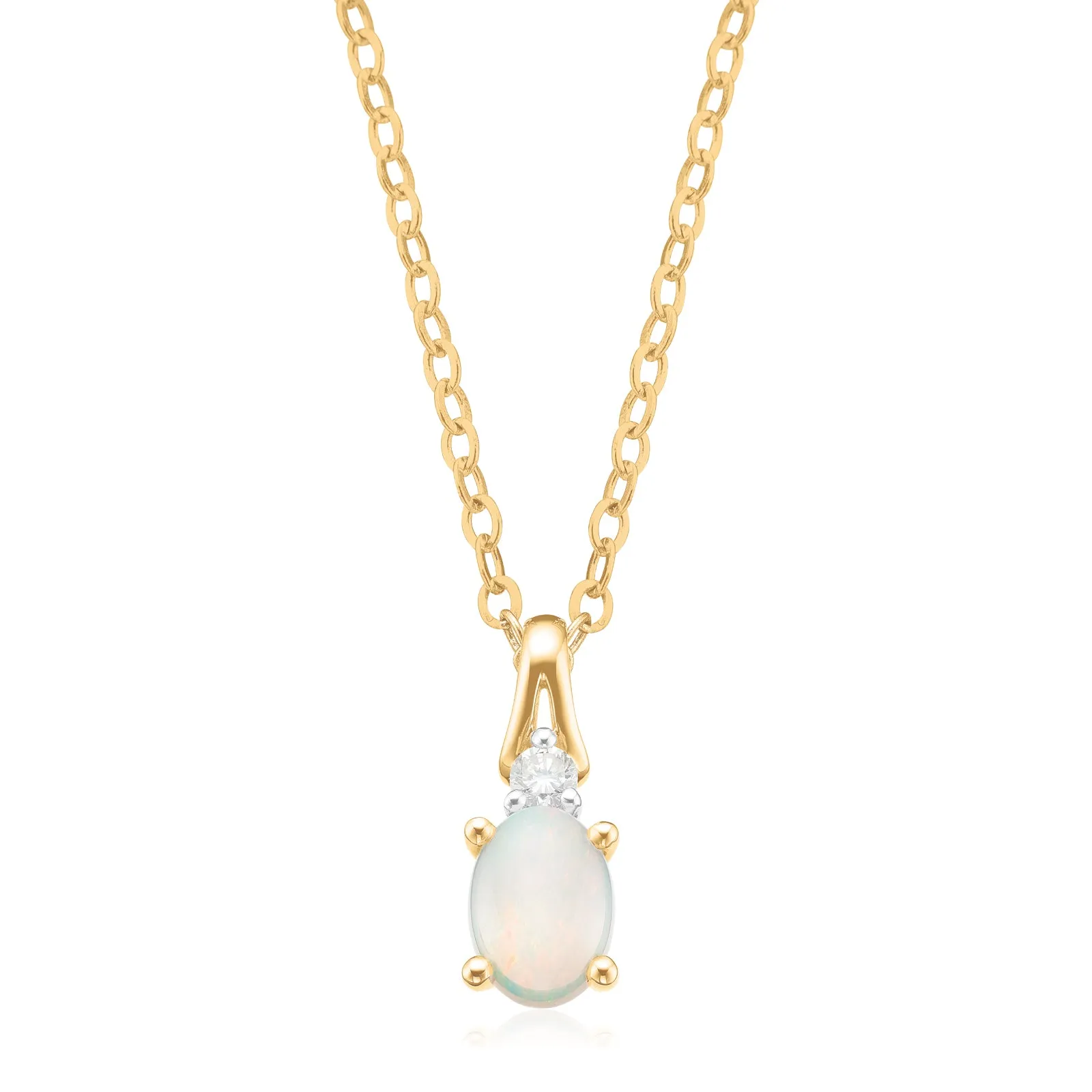 9ct Yellow Gold Oval Cut 7x5mm Opal & Diamond Pendant