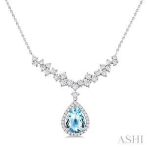 9x6 MM Pear Cut Aquamarine and 3/4 ctw Round Cut Diamond Semi Precious Necklace in 14K White Gold