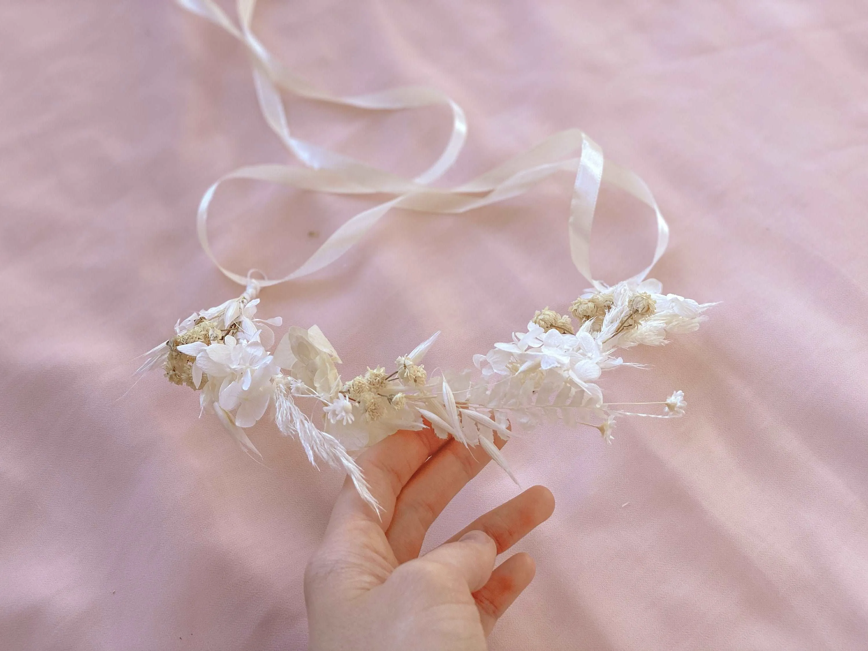 All White Hydrengea Wedding Half Crown / Baby's Breath Dried Grasses Crown / Dried Flower Crown / Boho Bridal Crown