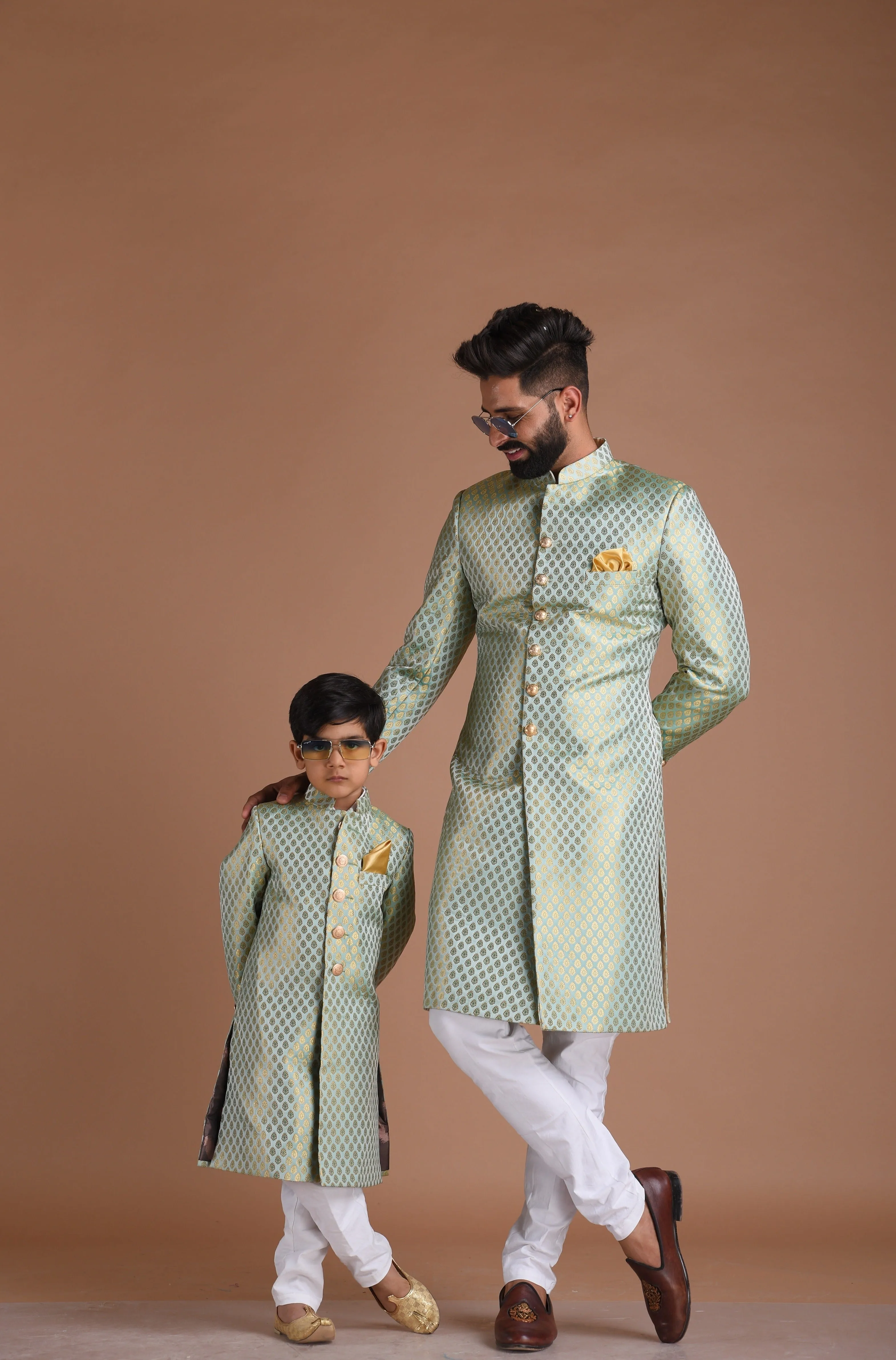 Alluring Aquamarine Hand-crafted KimKhab Banarasi Brocade Sherwani Achkan for Men | Available in Father Son Combo | Sky blue Color | Formal Kurta Style wear | Perfect for Grooms