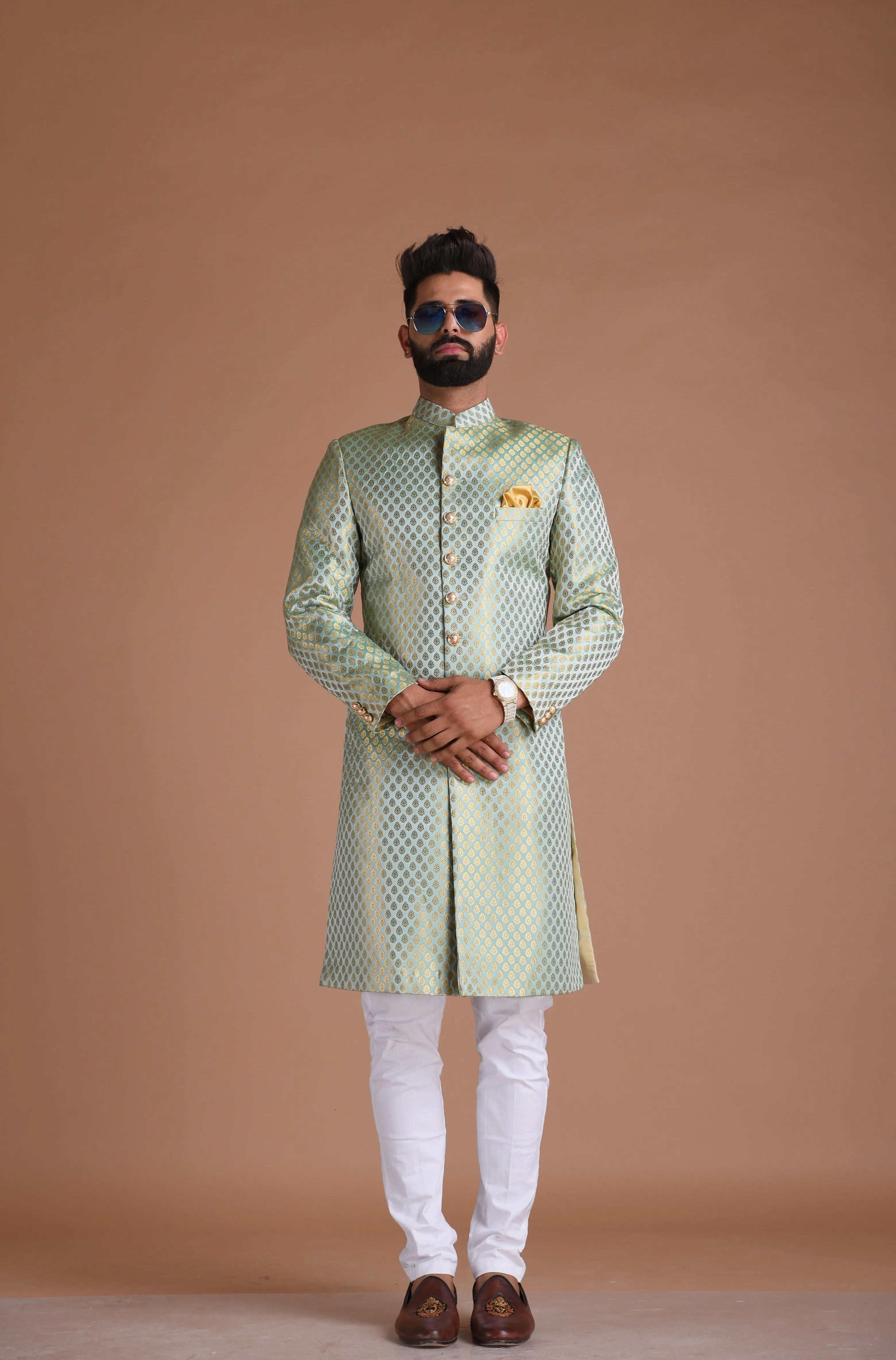 Alluring Aquamarine Hand-crafted KimKhab Banarasi Brocade Sherwani Achkan for Men | Available in Father Son Combo | Sky blue Color | Formal Kurta Style wear | Perfect for Grooms