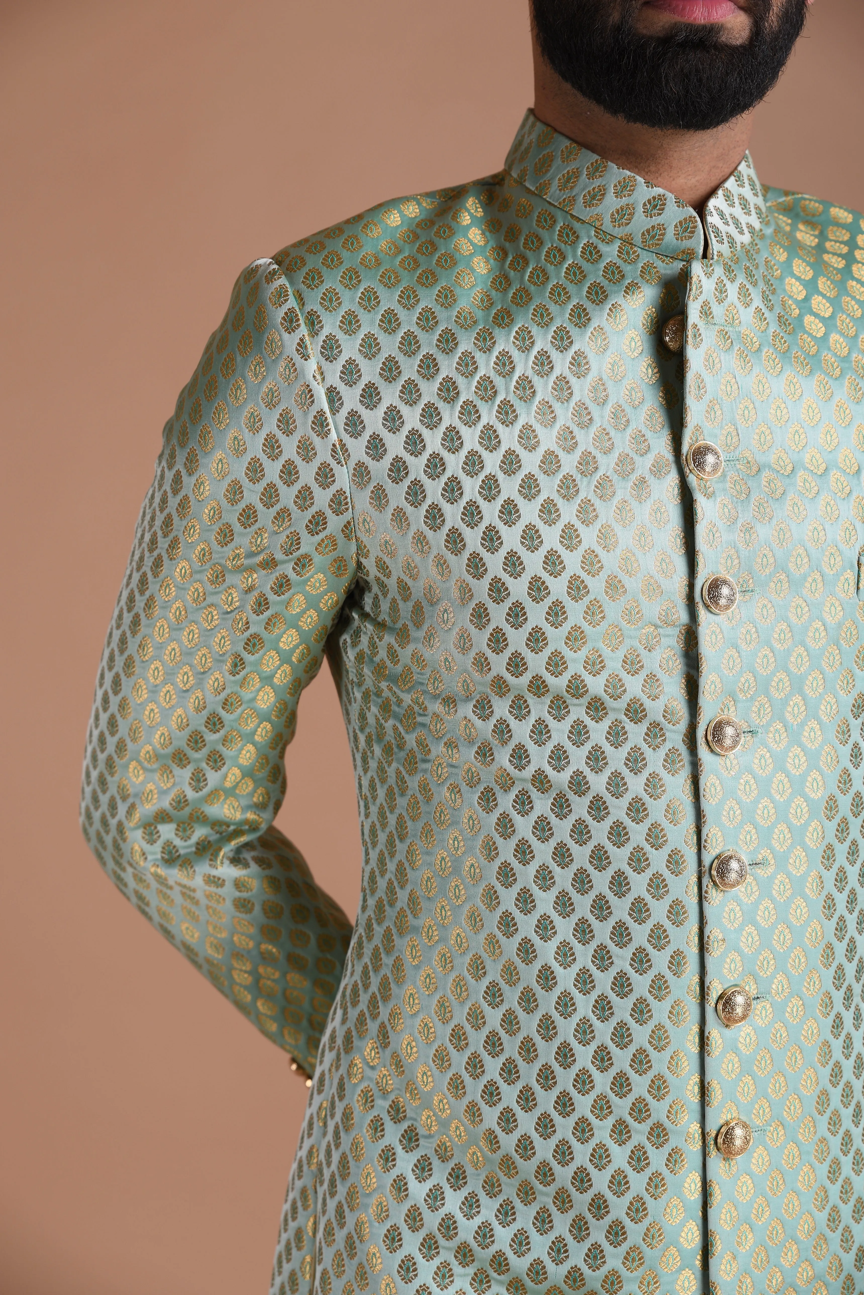 Alluring Aquamarine Hand-crafted KimKhab Banarasi Brocade Sherwani Achkan for Men | Available in Father Son Combo | Sky blue Color | Formal Kurta Style wear | Perfect for Grooms