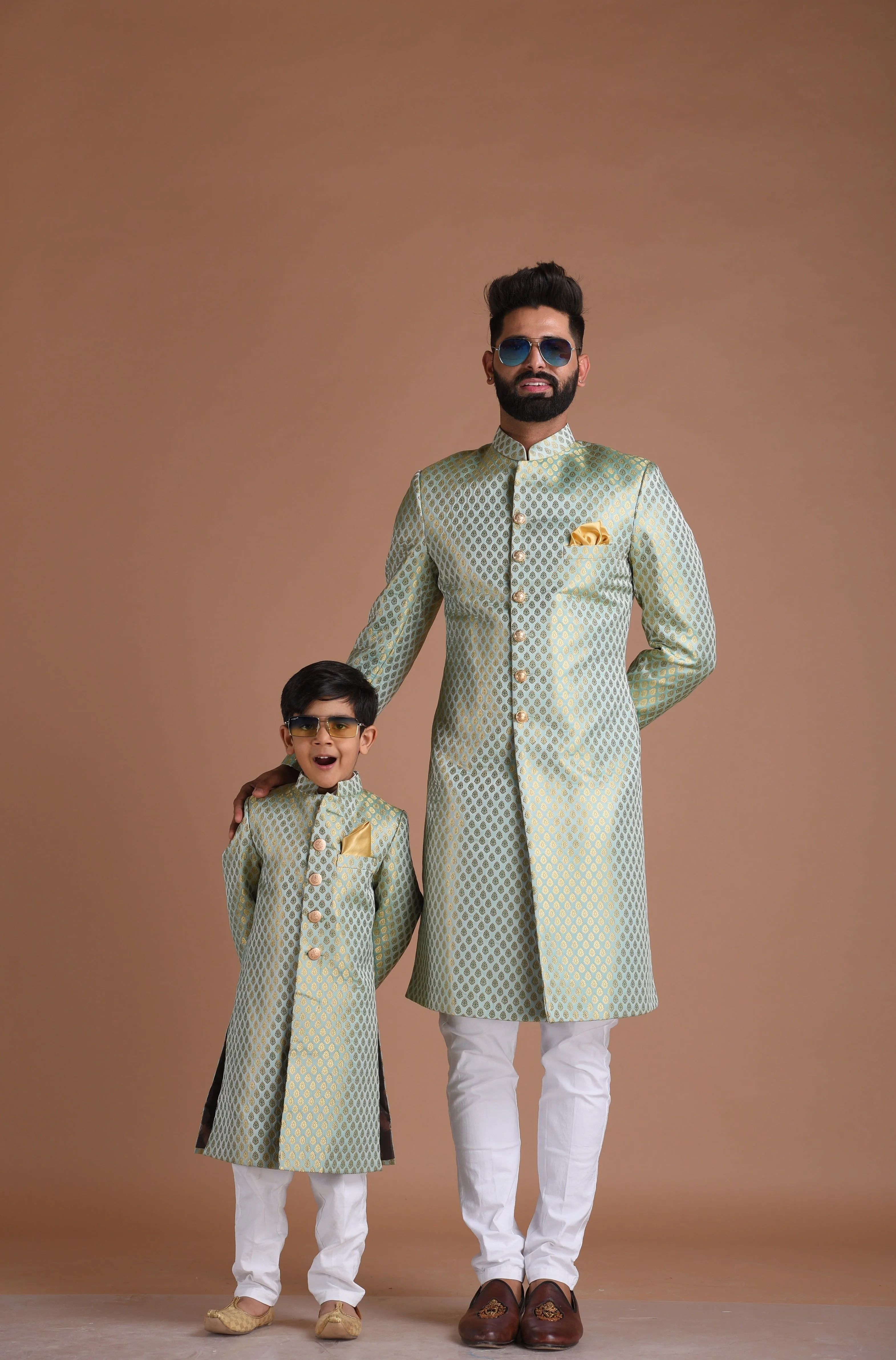 Alluring Aquamarine Hand-crafted KimKhab Banarasi Brocade Sherwani Achkan for Men | Available in Father Son Combo | Sky blue Color | Formal Kurta Style wear | Perfect for Grooms