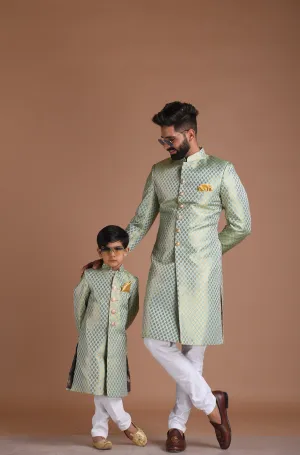 Alluring Aquamarine Hand-crafted KimKhab Banarasi Brocade Sherwani Achkan for Men | Available in Father Son Combo | Sky blue Color | Formal Kurta Style wear | Perfect for Grooms
