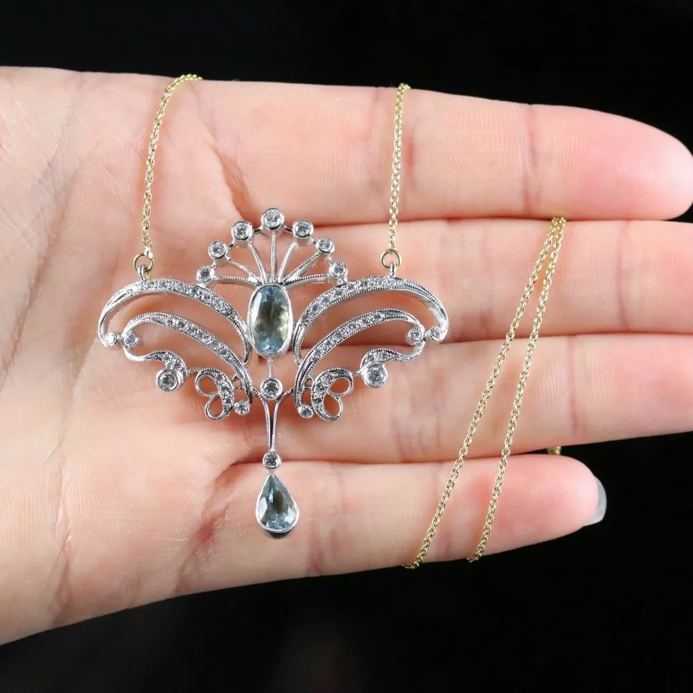 Antique Aquamarine Diamond Pendant Necklace 18Ct Yellow Gold 3Ct Aquamarine