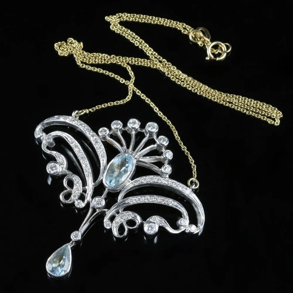 Antique Aquamarine Diamond Pendant Necklace 18Ct Yellow Gold 3Ct Aquamarine