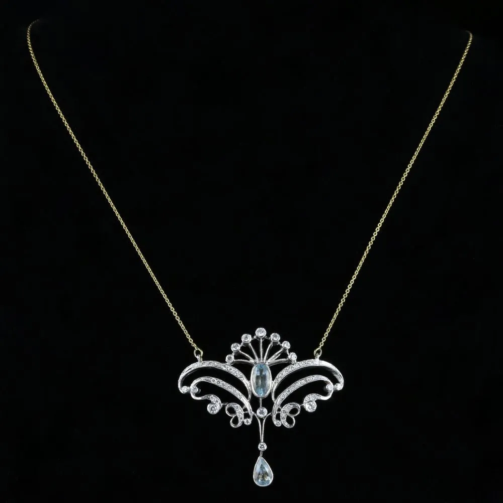 Antique Aquamarine Diamond Pendant Necklace 18Ct Yellow Gold 3Ct Aquamarine
