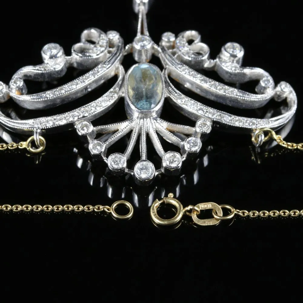 Antique Aquamarine Diamond Pendant Necklace 18Ct Yellow Gold 3Ct Aquamarine
