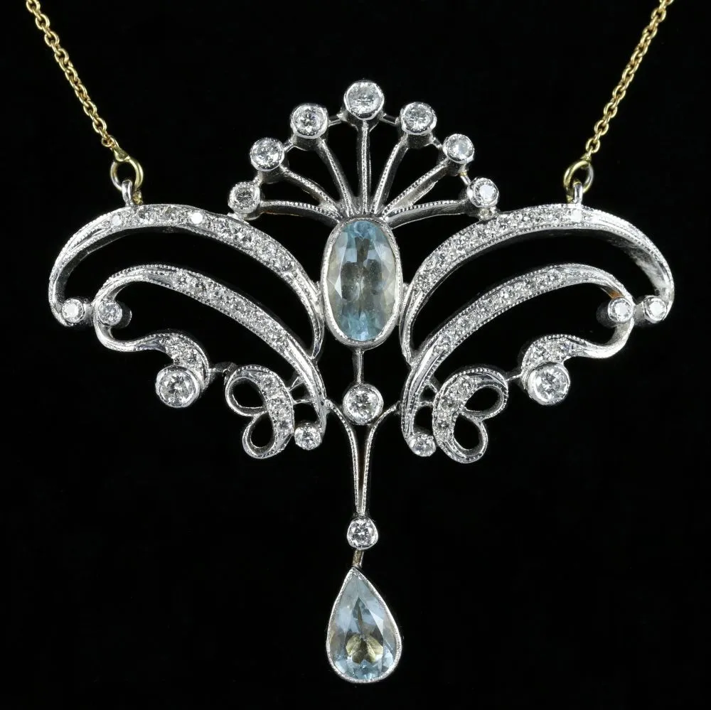 Antique Aquamarine Diamond Pendant Necklace 18Ct Yellow Gold 3Ct Aquamarine
