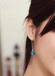 Aqua Blue Austrian Crystal Heart Silver Thread Earrings For Woman