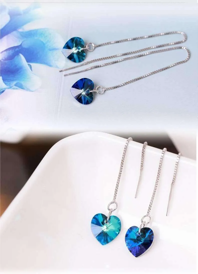 Aqua Blue Austrian Crystal Heart Silver Thread Earrings For Woman
