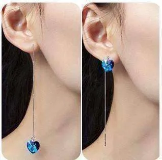 Aqua Blue Austrian Crystal Heart Silver Thread Earrings For Woman