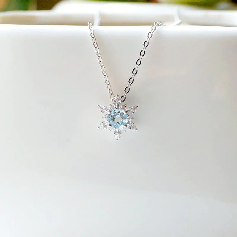 Aquamarine Snowflake Pendant Necklace with Diamond Halo in White Gold Plated Sterling Silver For Women