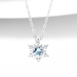 Aquamarine Snowflake Pendant Necklace with Diamond Halo in White Gold Plated Sterling Silver For Women