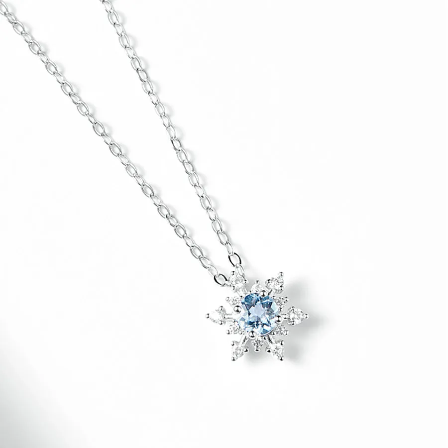 Aquamarine Snowflake Pendant Necklace with Diamond Halo in White Gold Plated Sterling Silver For Women