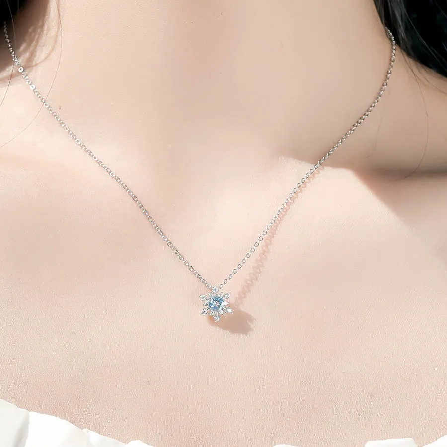 Aquamarine Snowflake Pendant Necklace with Diamond Halo in White Gold Plated Sterling Silver For Women