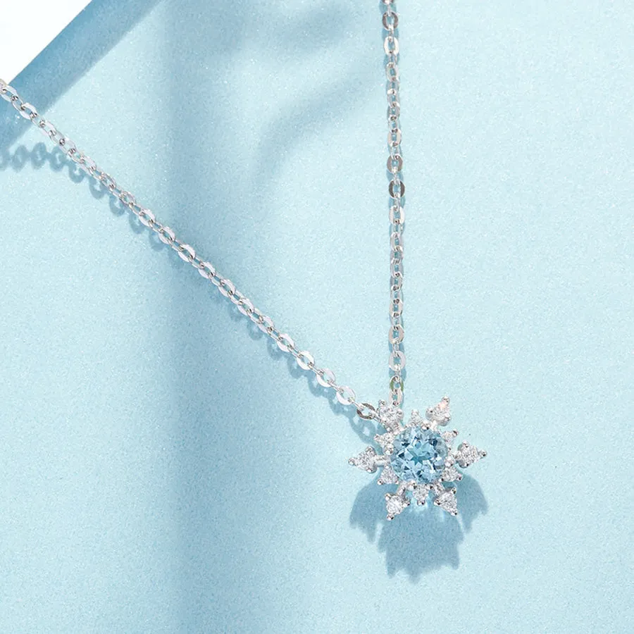 Aquamarine Snowflake Pendant Necklace with Diamond Halo in White Gold Plated Sterling Silver For Women