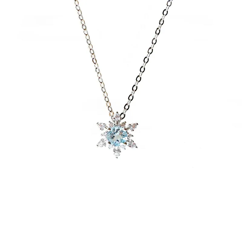 Aquamarine Snowflake Pendant Necklace with Diamond Halo in White Gold Plated Sterling Silver For Women