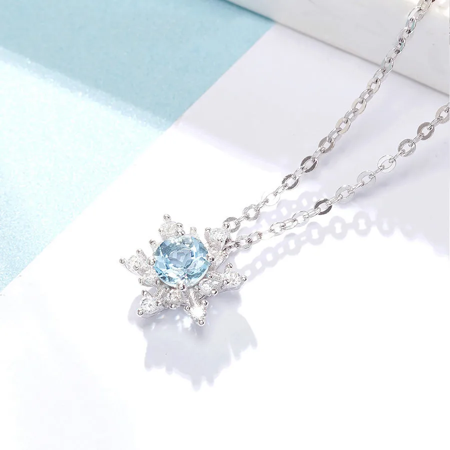 Aquamarine Snowflake Pendant Necklace with Diamond Halo in White Gold Plated Sterling Silver For Women