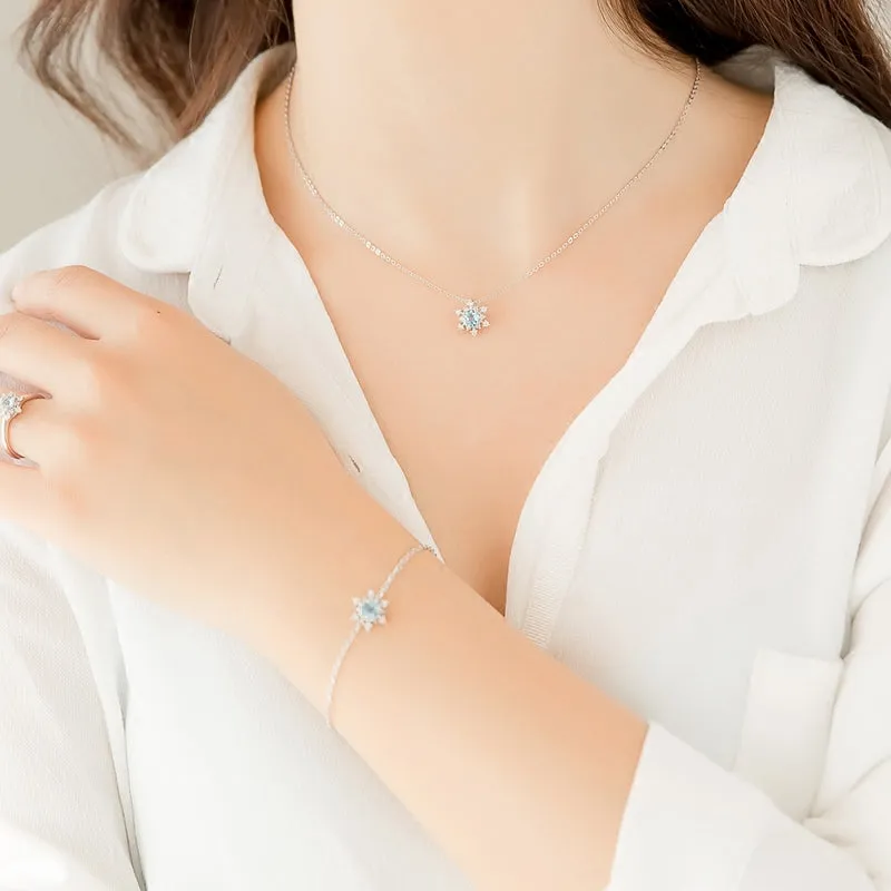 Aquamarine Snowflake Pendant Necklace with Diamond Halo in White Gold Plated Sterling Silver For Women