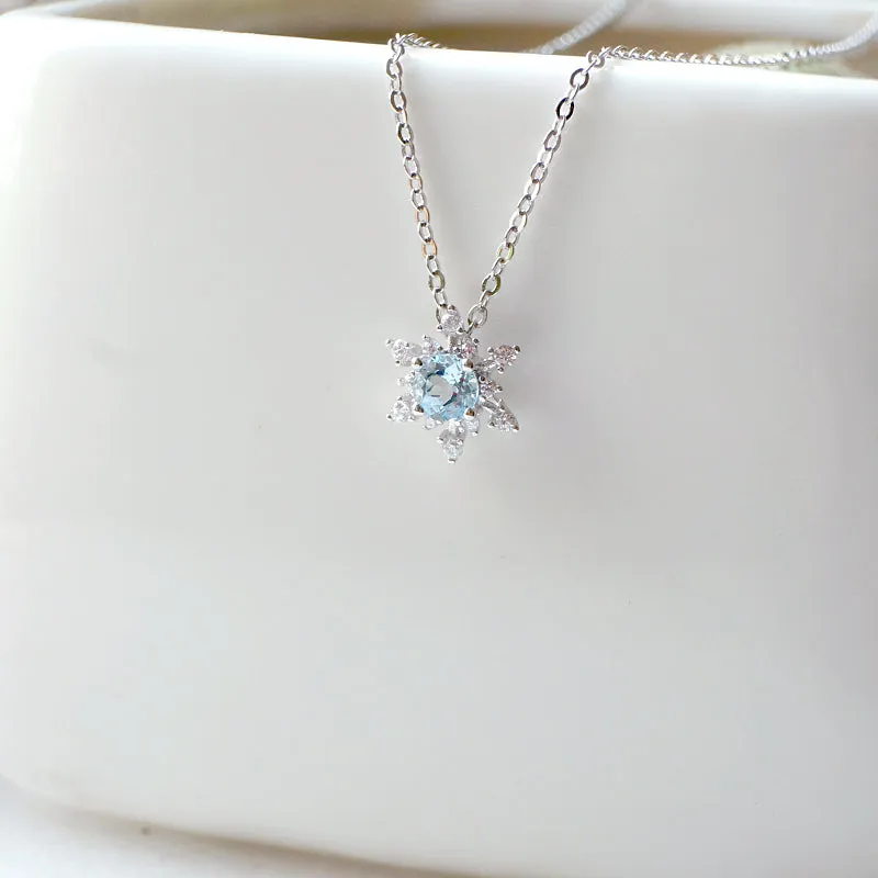 Aquamarine Snowflake Pendant Necklace with Diamond Halo in White Gold Plated Sterling Silver For Women