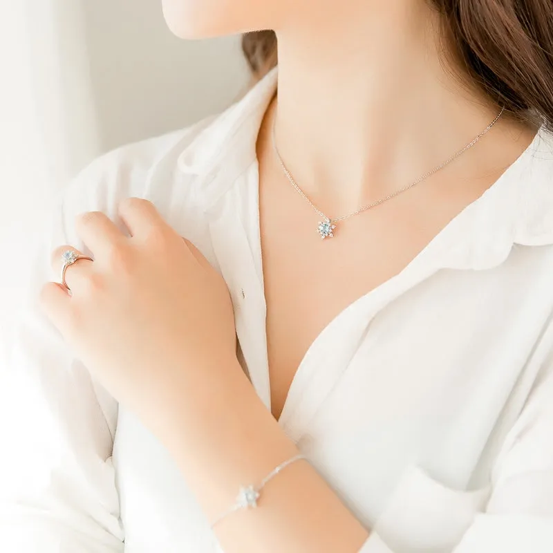 Aquamarine Snowflake Pendant Necklace with Diamond Halo in White Gold Plated Sterling Silver For Women