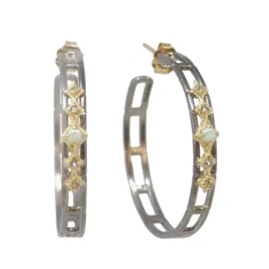 Armenta 18K Yellow Gold and Grey Sterling Silver 35mm Crivelli Hoop Earrings with Morganite and Australian Opal